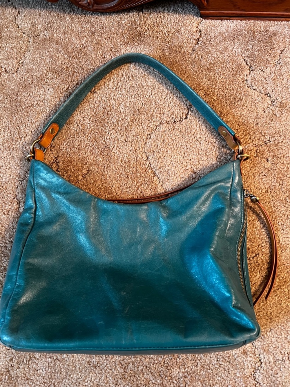 HOBO Teal Leather Shoulder Bag with Tan Accents